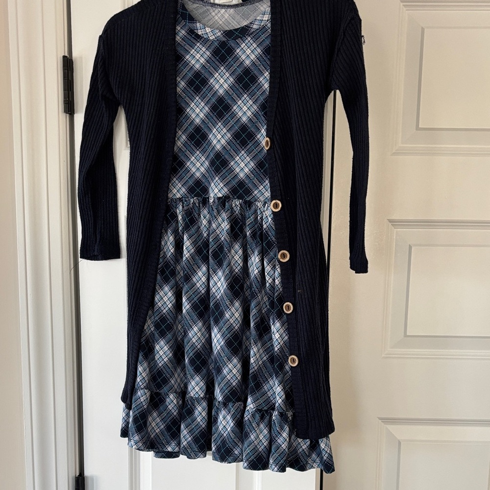 Knitworks Navy and White Plaid Kids Dress with Cardigan